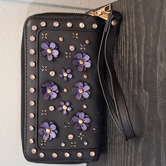 Hand Crafted Painted Flower Laser Cut Embellished Wallet Wristlet - Picture 1 of 11